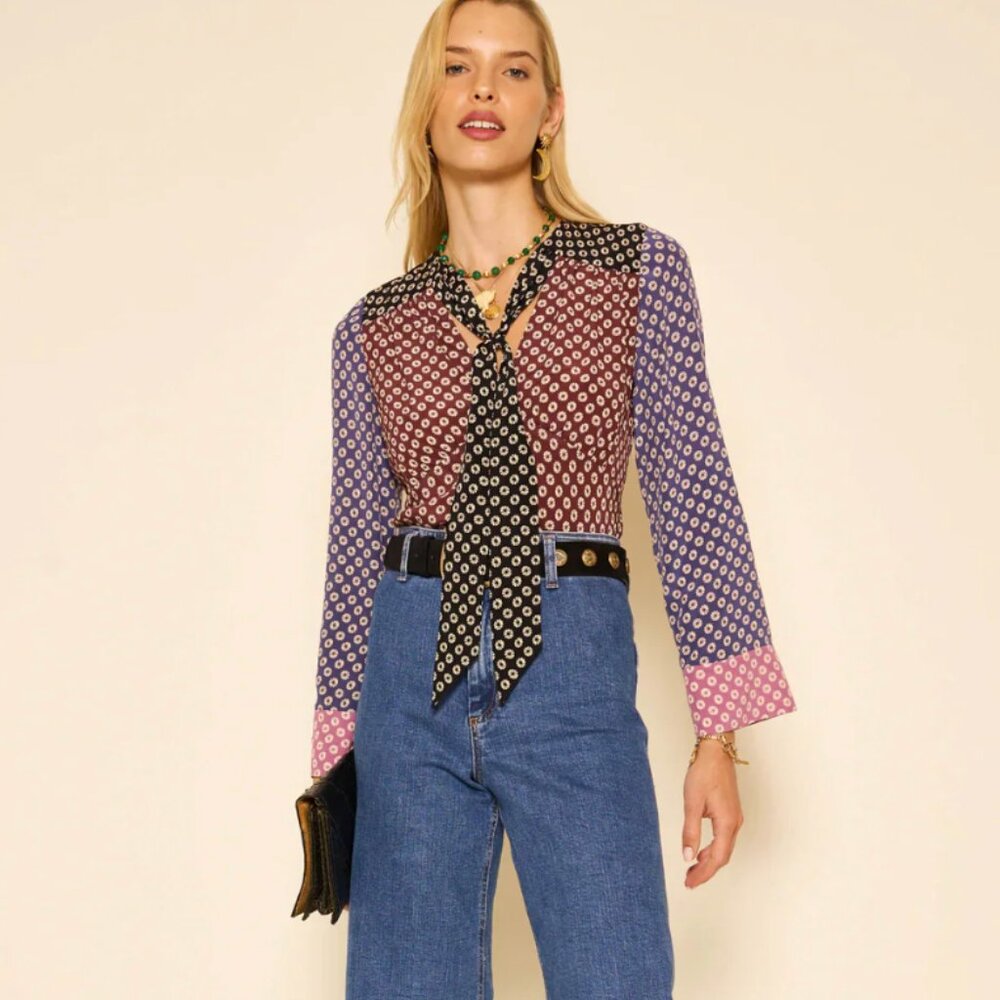 Rixo Abel Tie-Neck Silk Blouse in Shibori Burgundy Mix